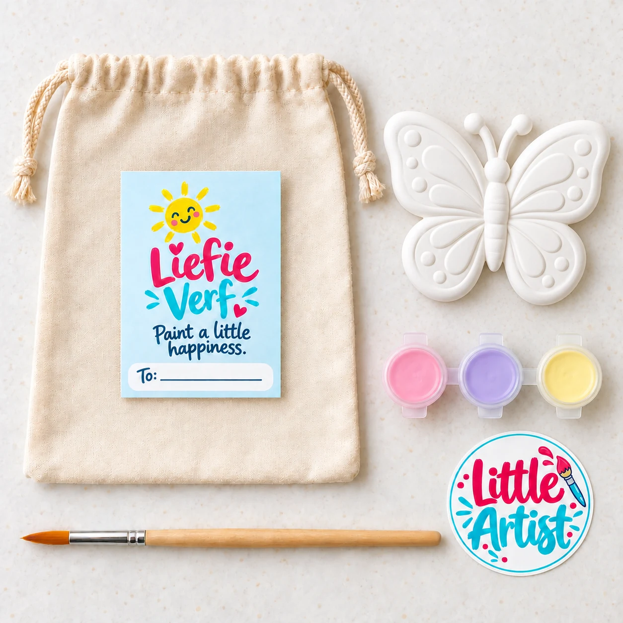 Butterfly paint-your-own party bag with plaster figure, three paint pots, brush, sticker and drawstring bag