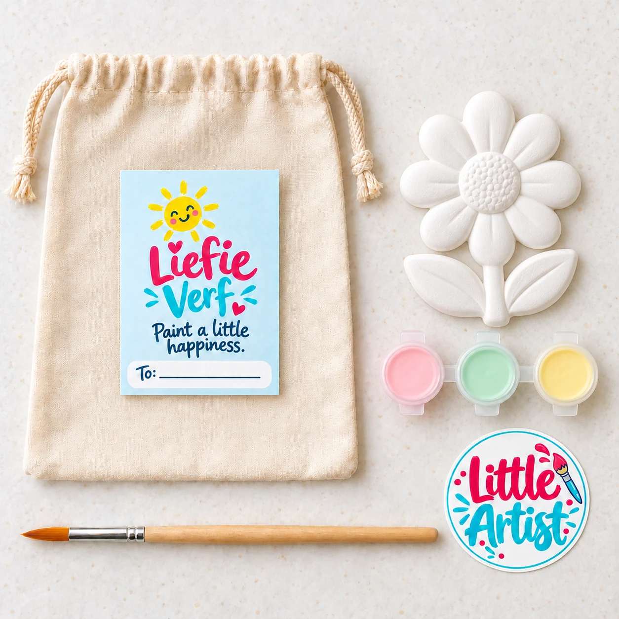 Flower paint-your-own party bag with plaster figure, three paint pots, brush, sticker and drawstring bag